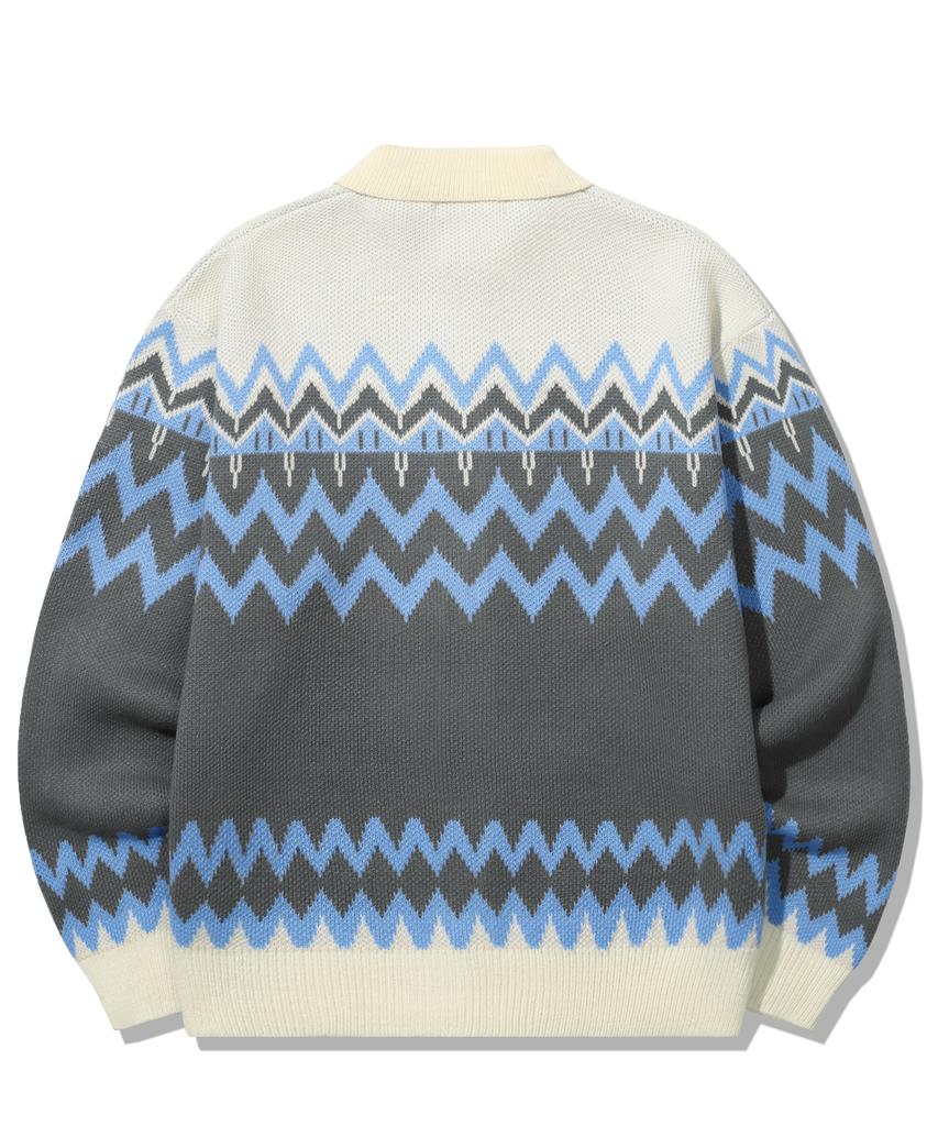 TRILLION Washable Nordic Jacquard Collar Neck 2-Way Zip-Up Knit [Ivory]