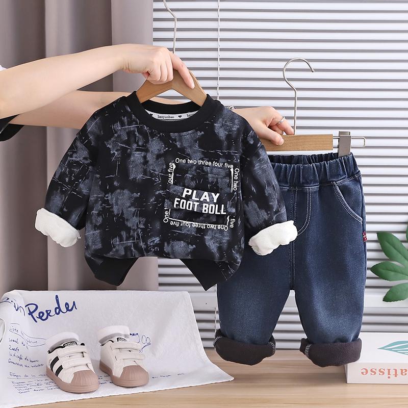Комплект из 2 предметов с длинным рукавом для мальчиков, 0-5 лет Детская флисовая толстовка с английским принтом + джинсовые брюки
