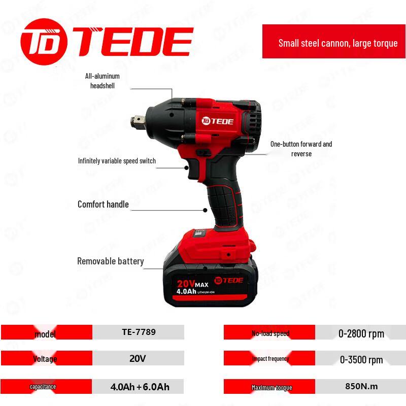 TEDE TE-7789 1/2-inch Cordless Electric Impact Wrench Kit CN plug (adapter included)