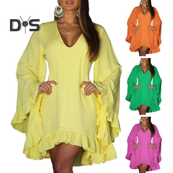 Женское мини-платье с v-образным вырезом и длинными рукавами, однотонное повседневное короткое платье с рюшами и подолом