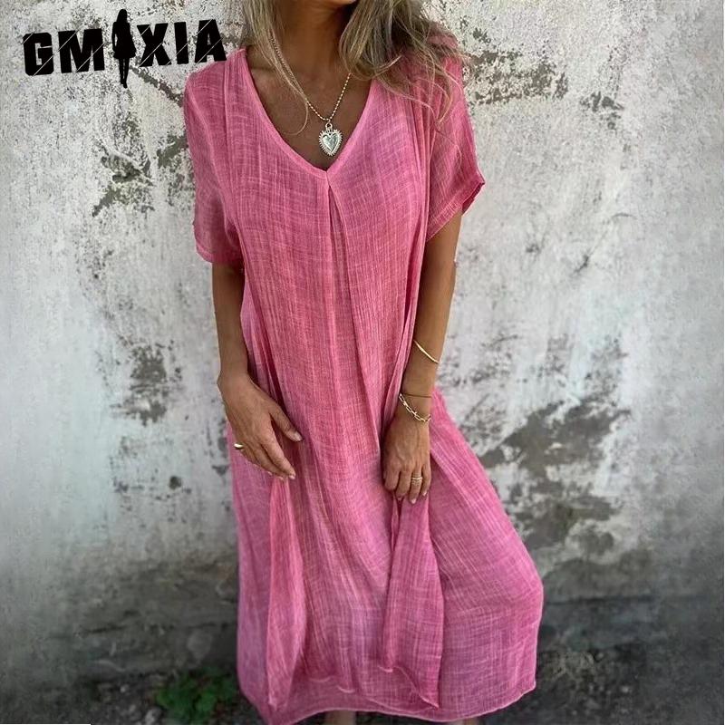 GMXIA Женские модные летние весенние однотонные повседневные платья с v-образным вырезом и короткими рукавами и высокой талией