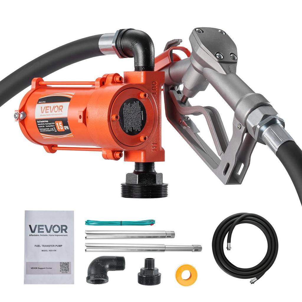 VEVOR Fuel Transfer Pump, 12V DC 57 L/min, Cast Iron Diesel Transfer Pump Kit, with Manual Nozzle, Discharge Hose, Overheat Protection, Power Cable