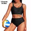 Women's High Waisted Bikini Sets Sporty Two Piece Swimsuits V Neck Ruched Waterproof Bathing Suits