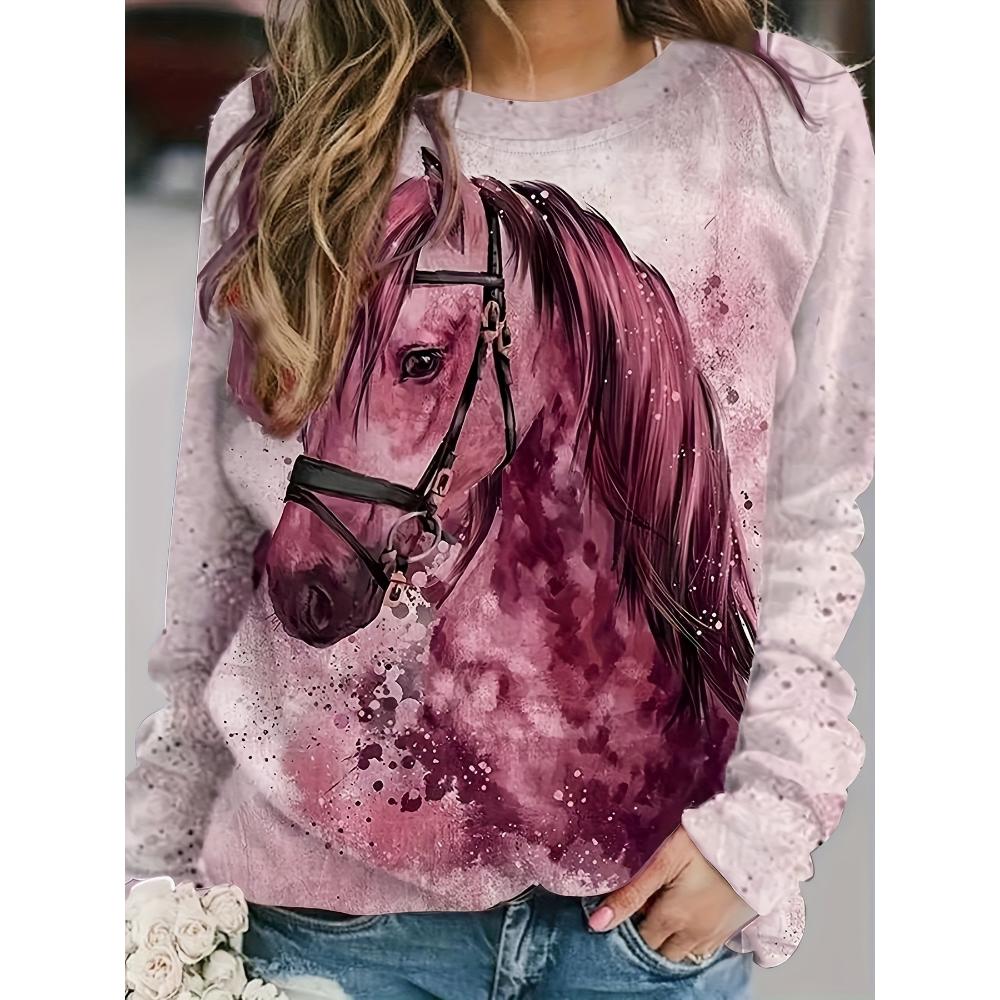 Fashion Women's Sweatshirt Horse Graphic Print Sweatshirt for Women Casual Long Sleeve Crew Neck Pullover Y2k Women's Clothing