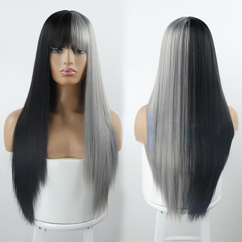 MISS WIG Полуцветные волосы, серые и черные длинные прямые волосы с челкой, модный парик для женщин
