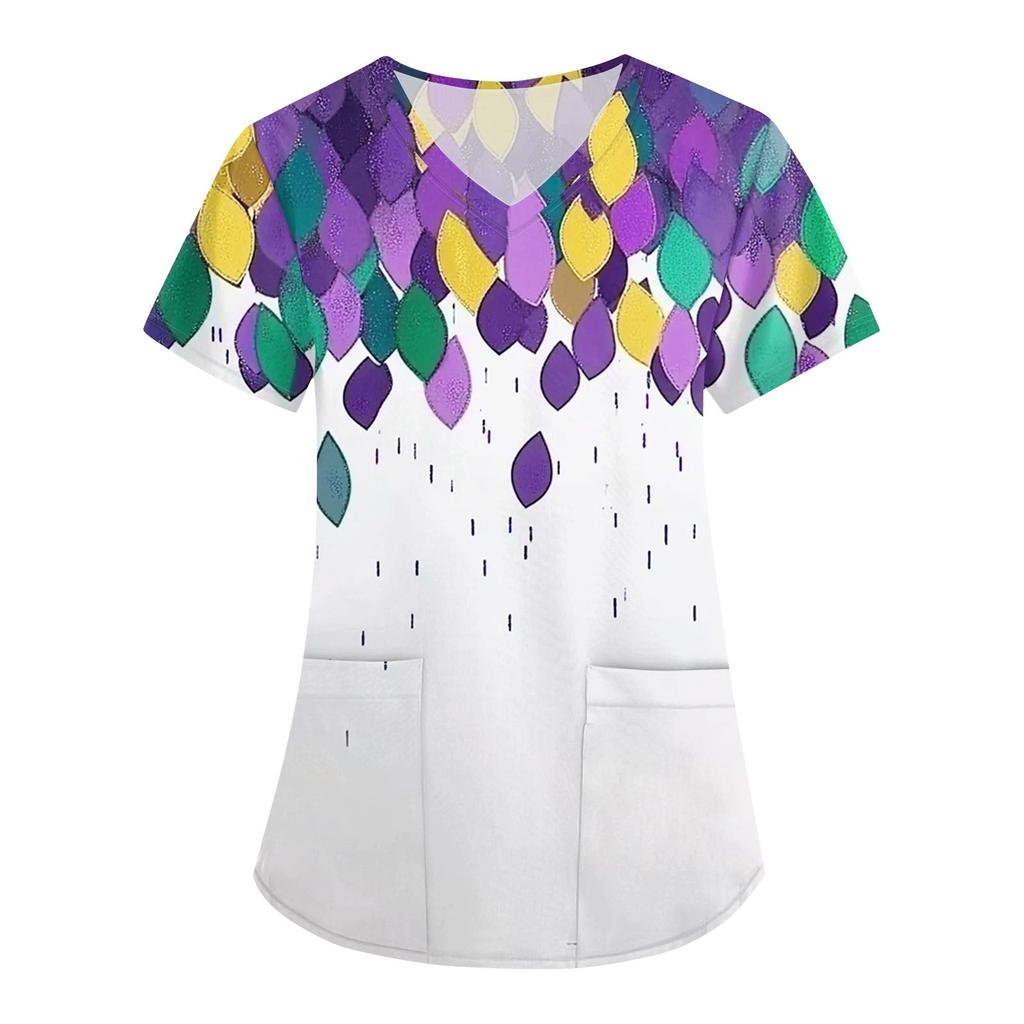 Женская карнавальная принтовая свободная униформа с V-образным вырезом и карманом с коротким рукавом