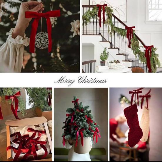 10 шт. Бархатные рождественские банты 5" X 10" Винтажные банты из ленты Украшения для рождественской елки Деревенские поделки Подарочные банты для дерева Венка Гирлянды Праздничный декор