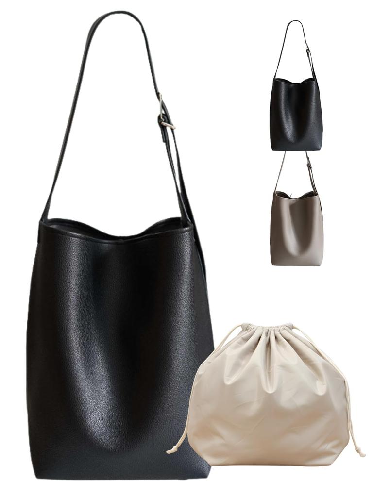 Women's A4 Tote Bag, Vertical, Faux Leather, Shoulder Bag with Drawstring, Laptop Storage, One-Handle, Unisex, Black