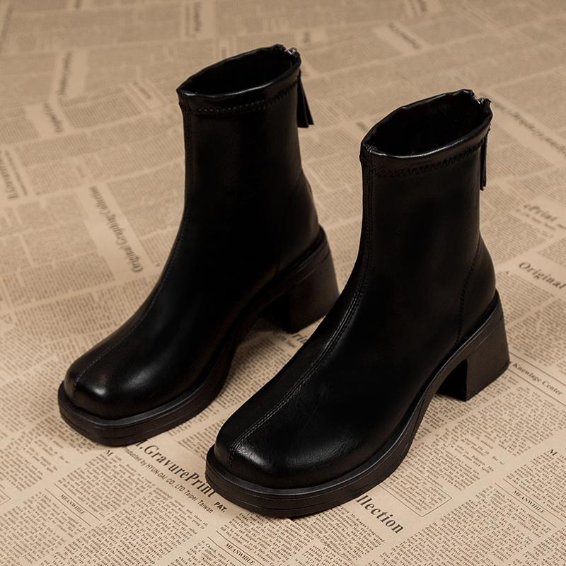 Мода 2024 Зима Новая модная верхняя одежда женские модные ботинки однотонные с молнией сзади толстые высокие каблуки голые ботинки для женщин