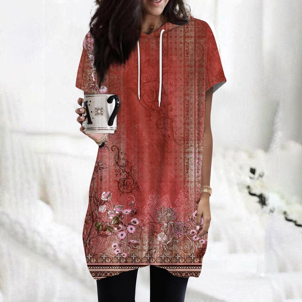 Women's  Hoodies Casual Short Sleeve Shirts Fashion Print Tunic Tops With Pockets
