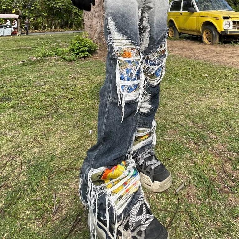 Промытые дырки, старые винтажные вышитые свободные прямые брюки, рваные джинсы, женские брюки Y2k, джинсовые брюки с высокой талией, уличная одежда в стиле панк