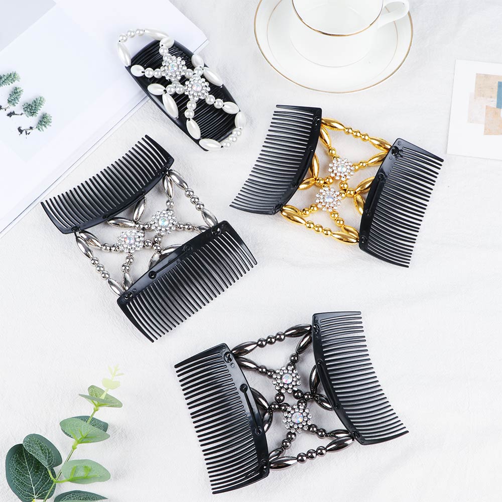 Bun Maker Flower Crystal Stretch Double Comb Magic Hair Comb Elastic Hairpin Beaded Hair Clip