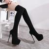Fashion Sexy Thigh High Long Socks Boots for Women 16cm Thin Heel Shoes Black Platform Over-the-knee Slim Elastic Botas