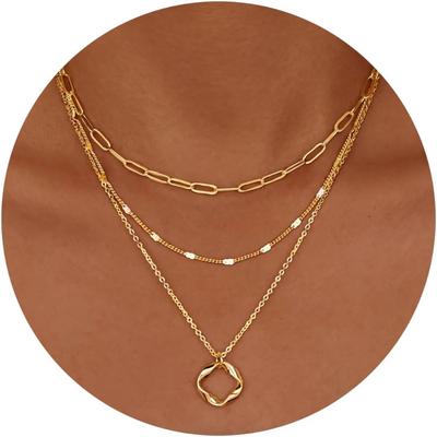 Многослойные золотые ожерелья для женщин, штабелируемые, 14K позолоченные, медные, с круглыми звеньями, цепочка-скрепка, подвеска, чокер, набор ожерелий для женщины