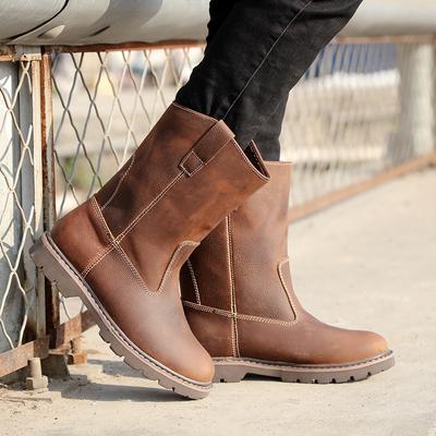 Мужские кожаные ботинки, зимние, водонепроницаемые, ретро, квадратный каблук, прочные, уличные, осенние, трендовые, модные, без застежек, ковбойские ботинки большого размера
