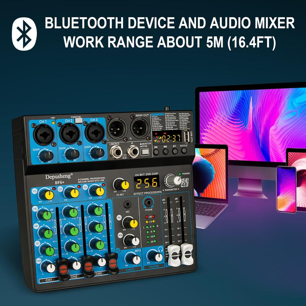 Depusheng Portable Mini Mixer 6 Channel Audio Mixer DJ Console with Bluetooth 48V Phantom USB 256 DSP for PC Recording Webcast Party BF6+ Function,