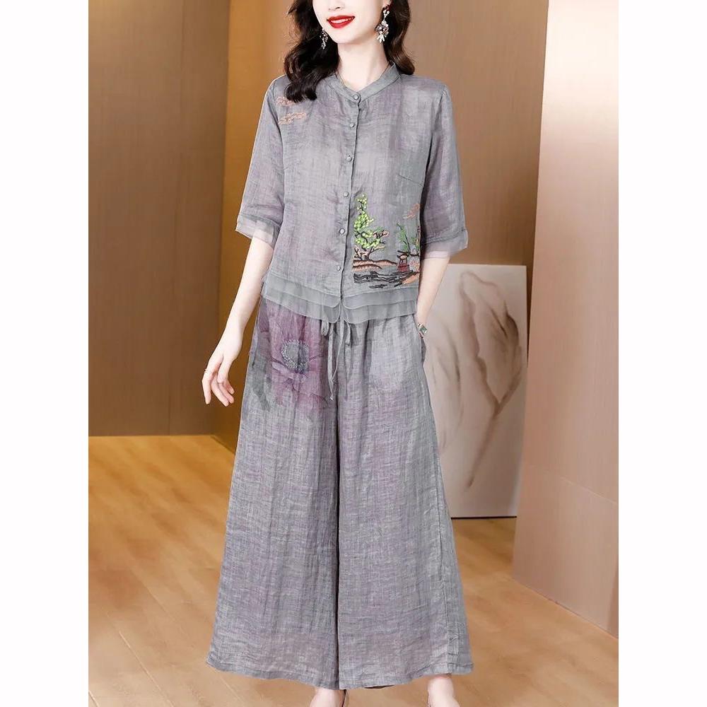 Vintage Chinese Clothes Set Women Ladies Cotton Linen Breathable  Summer Two Piece  Pant Suit