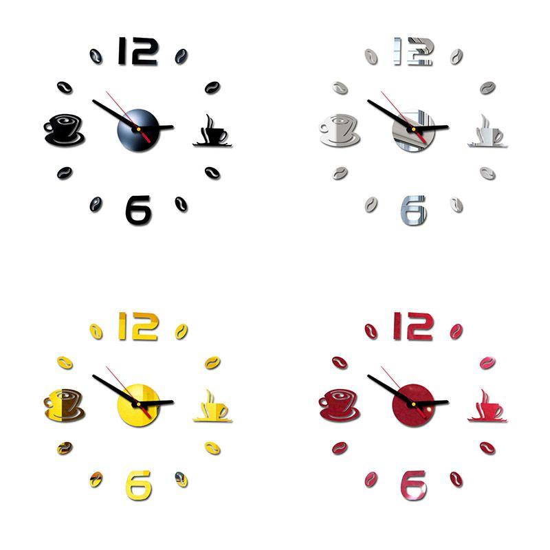 Элегантные 3D DIY Наклейки на стену в виде акрилового зеркала в форме кофейной чашки с часами для домашнего декора, наклейки-муралы