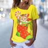 Fashion Cat T-Shirt Women's V Neck Tees Top Vintage Red Christmas Clothes Summer Chic Oversized Femele Clothing 2023 New Tee