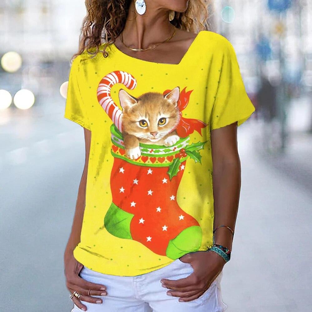 Fashion Cat T-Shirt Women's V Neck Tees Top Vintage Red Christmas Clothes Summer Chic Oversized Femele Clothing 2023 New Tee