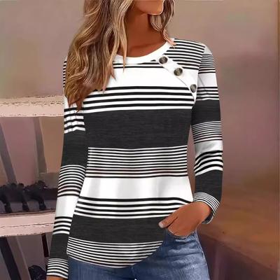 Женская футболка весна осень мода полосатый сращивание контрастный топ круглый вырез длинный рукав повседневная свободная футболка женская