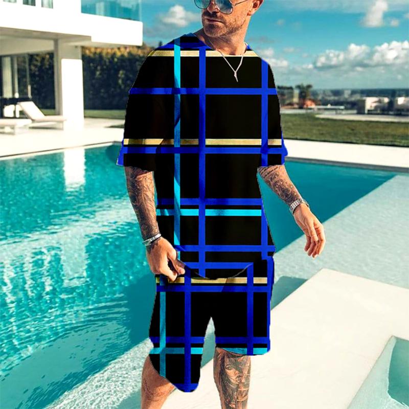Summer Men's Sportswear 2-piece Set O Neck 3D Short Sleeved T-shirt Shorts Set Men's Running Suit Large T-shirt