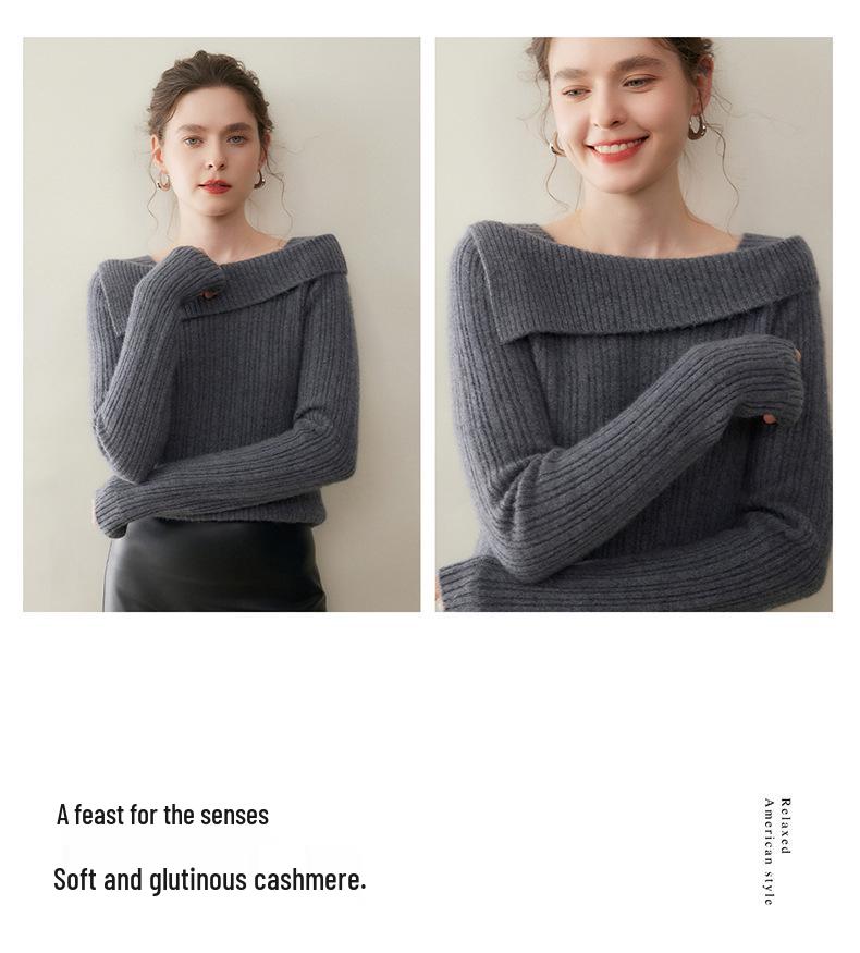 One-Shoulder Solid Color Cashmere Women's Ribbed Knit Sweater - Slimming Lazy Style for Autumn/Winter New Arrivals