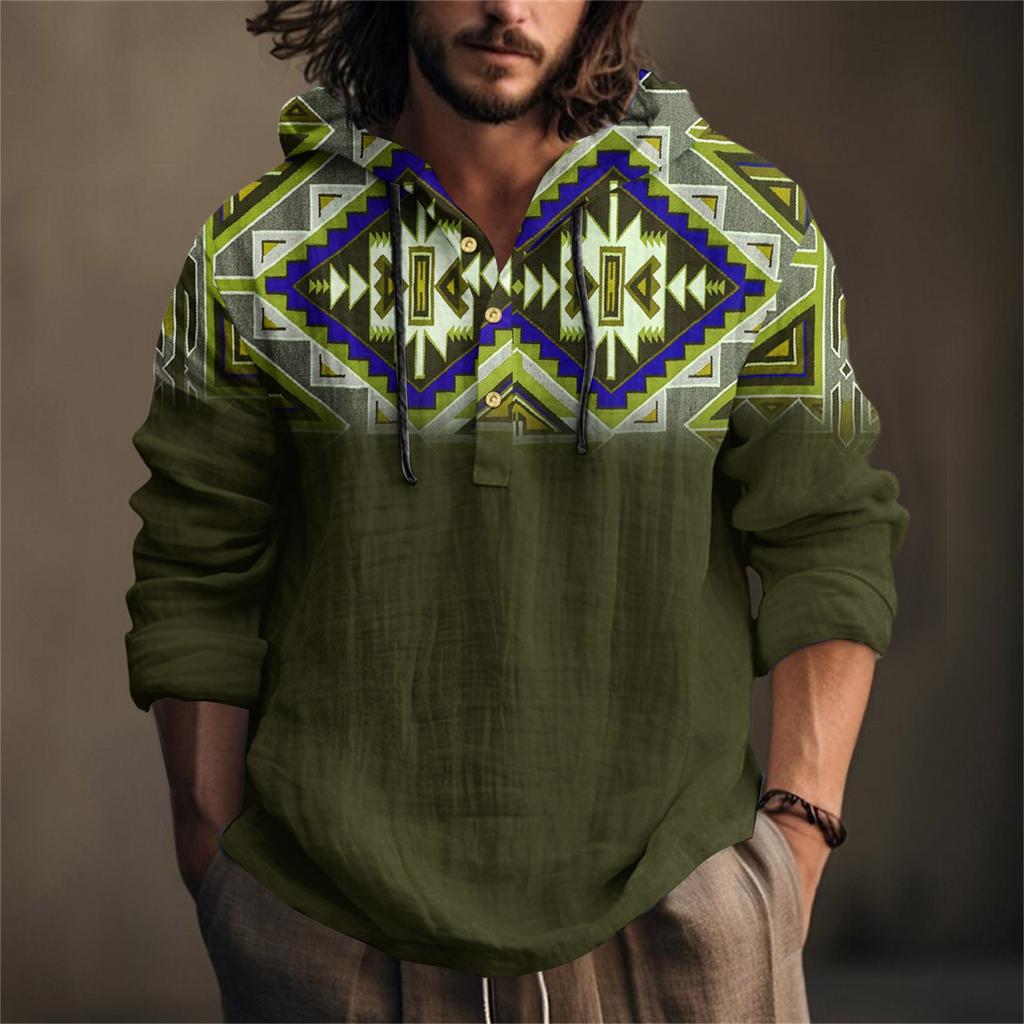 Printed Men's Cotton And Linen Shirt Hooded Long-sleeved Hooded Spring And Summer Casual Daily Wear