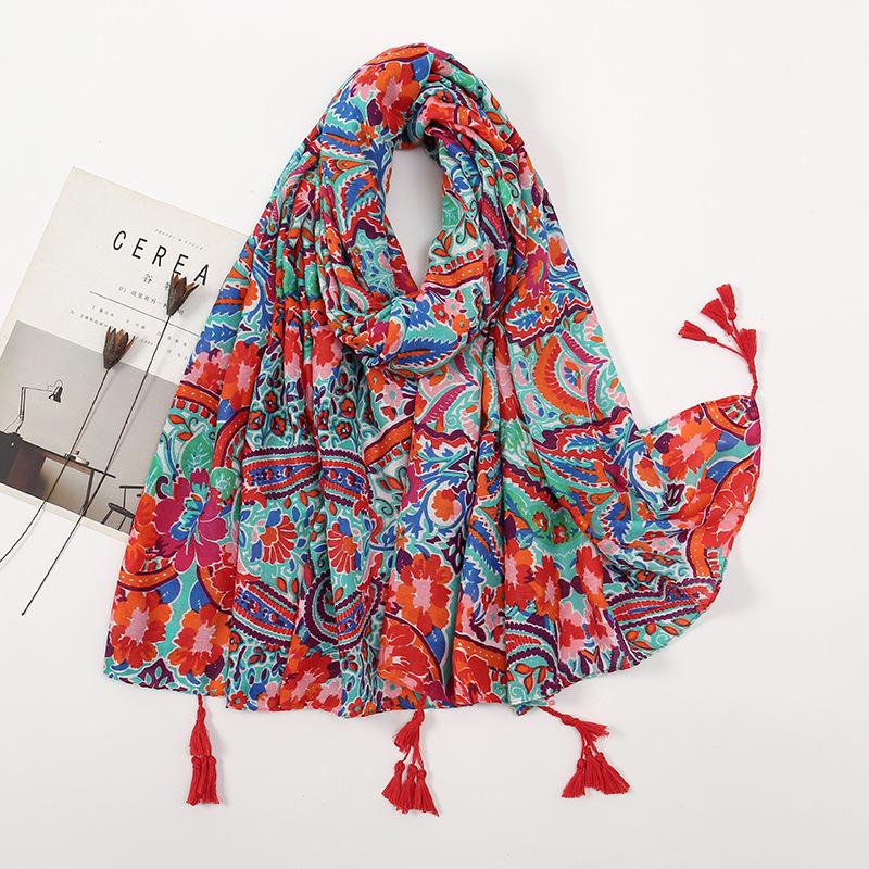 Литературный небольшой свежий хлопковый и льняной ретро-шарф с бахромой, женский напечатанный красивый шелковый шарф, японская солнцезащитная шаль