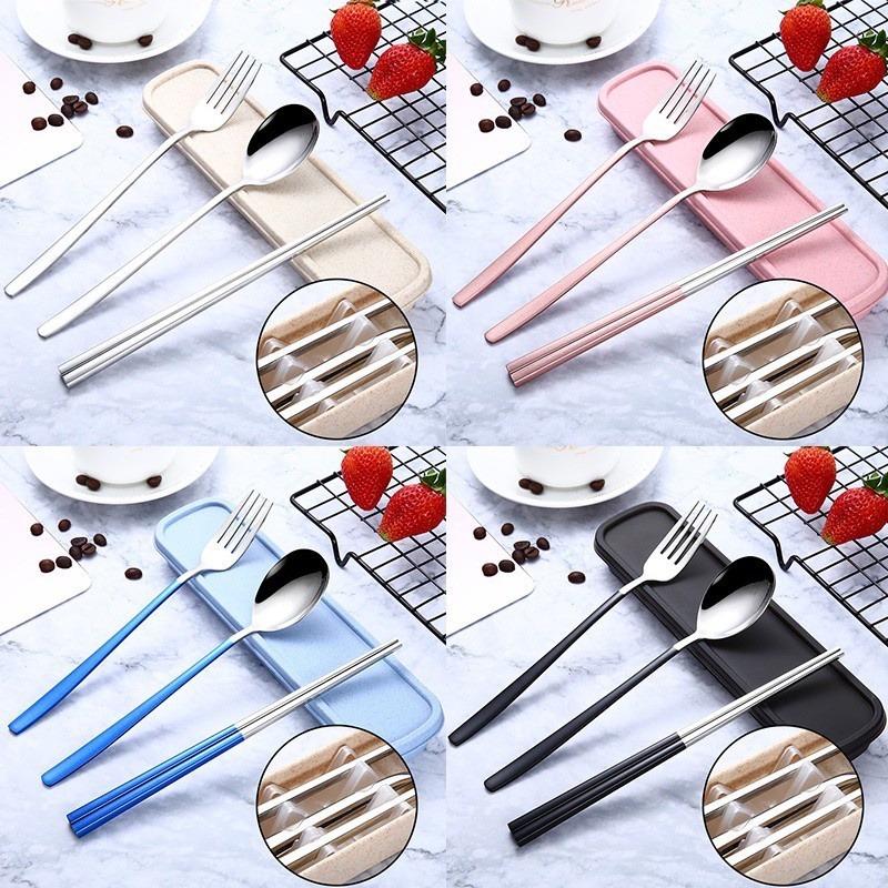 Новый набор столовых приборов из нержавеющей стали 3 в 1, палочки для еды, ложка и вилка, дорожный креативный набор металлических столовых приборов