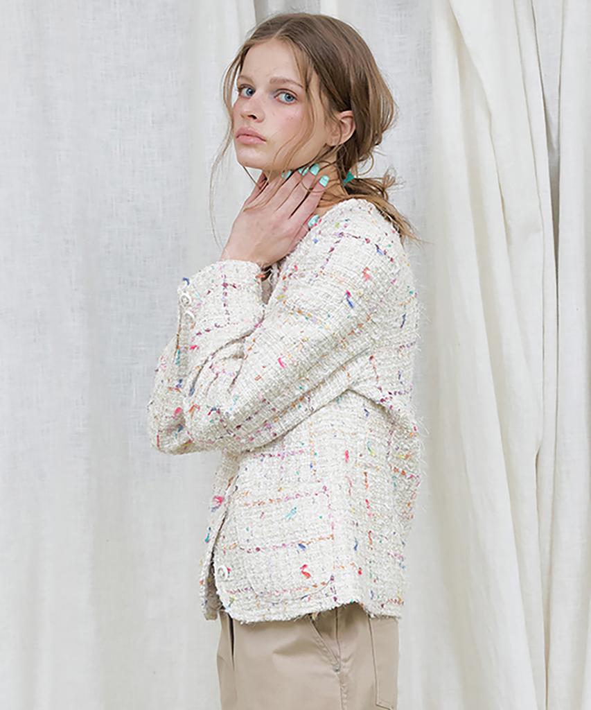 Lonque Round Neck Tweed Jacket (Ivory)
