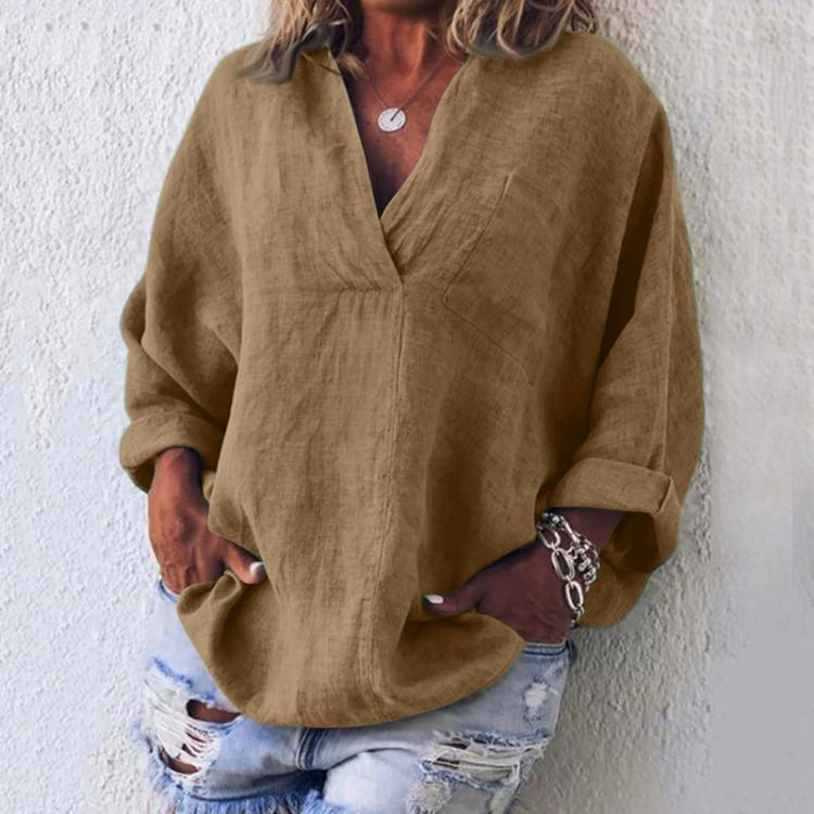 Women's Fashion Casual V Neck Long Sleeve Pullover Top Linen Cotton Blend