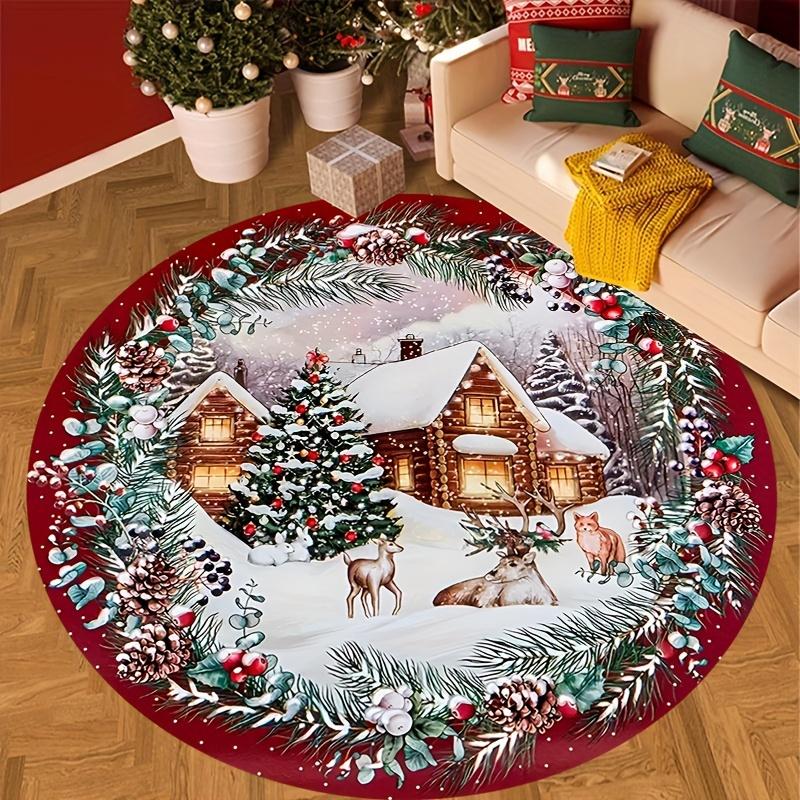 1Pcs Christmas Snowman Pattern Round Area Rug Indoor Non-Slip Washable Fiber Carpet Soft Comfortable Mat For Bedroom Living Room