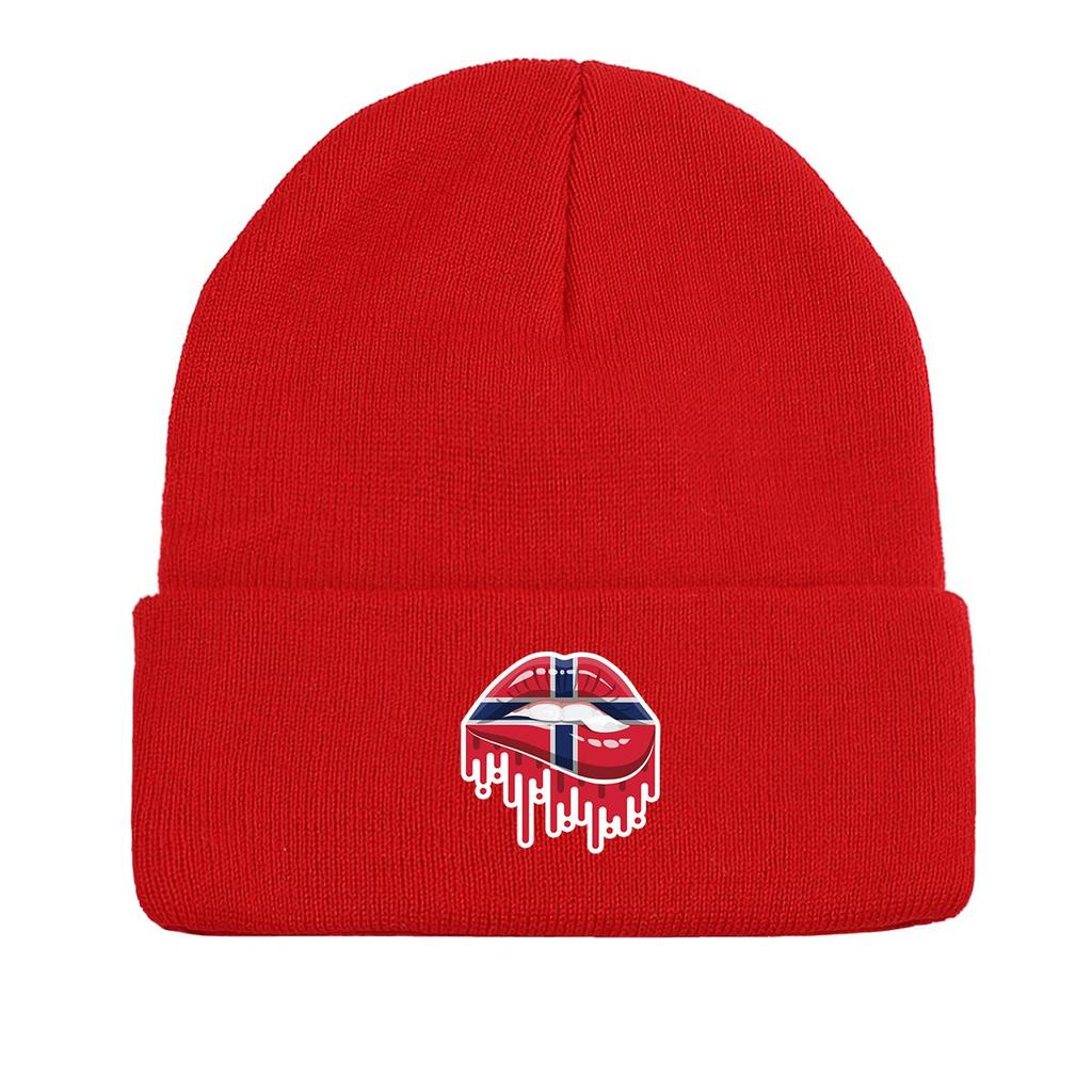 Mouth Flag of Norway Print Knitted Hat Beanie, Patriotic Woman Cap Elastic Cancer Chemo Leisure Headwear Knit Cap Beanie