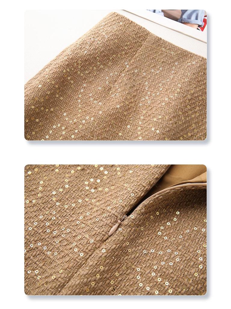 2024 Женская желтая твидовая юбка миди с пайетками – Осенне-зимняя прямая облегающая