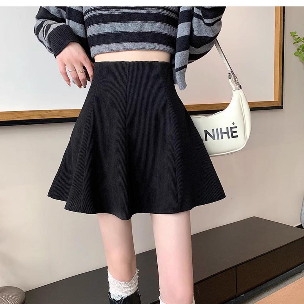 Женская вельветовая юбка А-силуэта с высокой талией и складками - Осень/Зима 2023 Корейский стиль