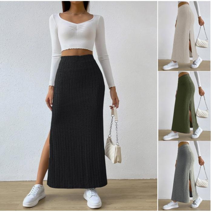 Autumn and Winter Women's Plus Size Slim Knitted Half-body Skirt Medium Long Comfortable Side Split Tall Waist Slim Warm Skirt