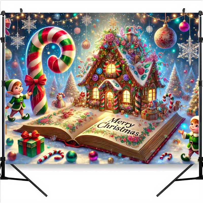 Charming gingerbread house Christmas background with candy canes and trees - polyester fiber photography background festive
