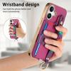 For iPhone 16 Case Card Holder Leather Back Cover 3D Flower Wristband - Purple