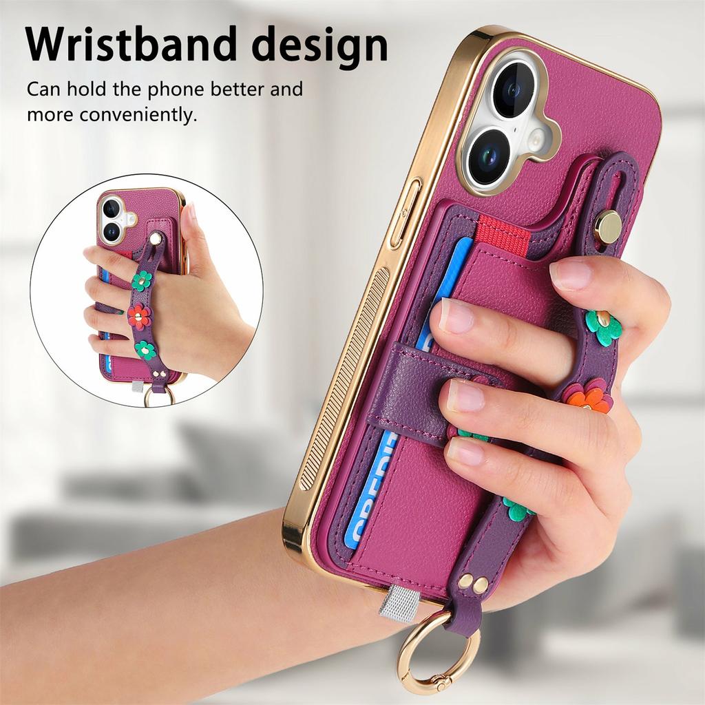 For iPhone 16 Case Card Holder Leather Back Cover 3D Flower Wristband - Purple