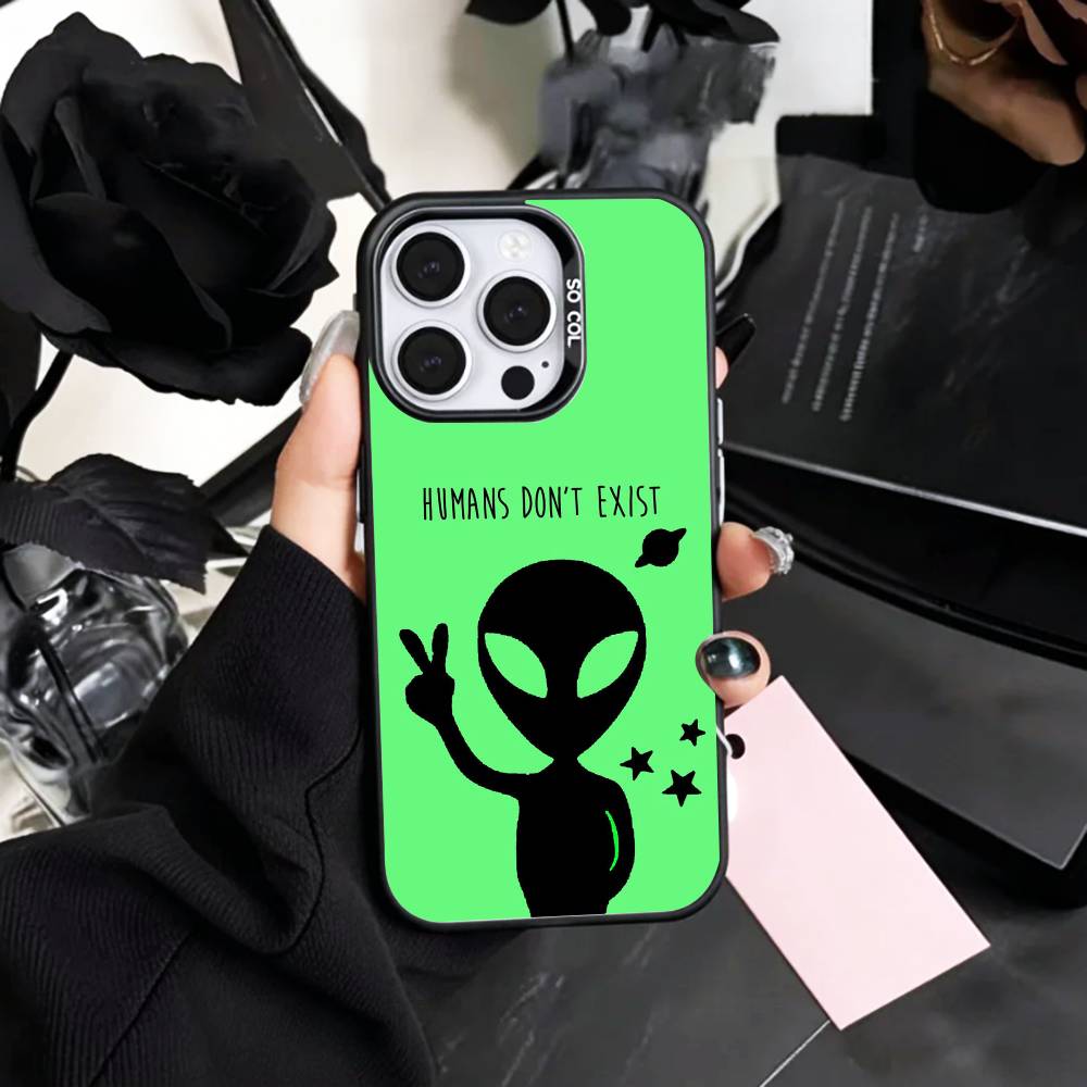 Cool C-Cartoon Alien Space Phone Case For iPhone17,16,15,14,13,12,11 Plus,Pro Max Colored Silver Plated Inside Cover