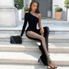 Sexy Mesh Patchwork One Shoulder Playsuits Women Elegant Solid Skinny Flare Pants Jumpsuit Fashion Lady Party Streetwear