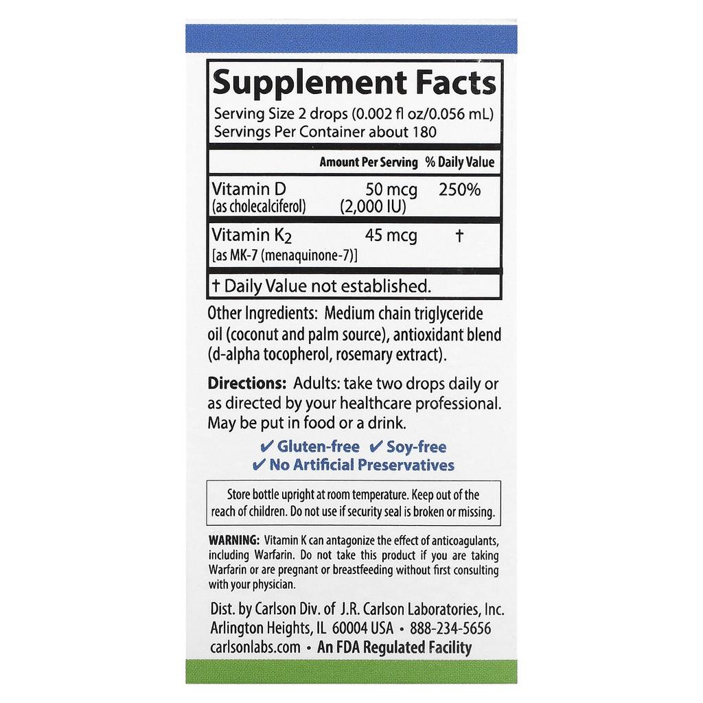 Carlson Super Daily® D3 + K2, 10,16 мл(0,34 жидких унций)