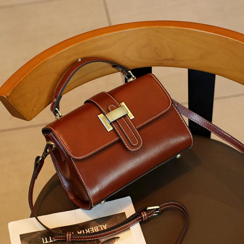 Genuine Leather Bag for Women Small Square Retro Crossbody Shoulder Bags Luxury