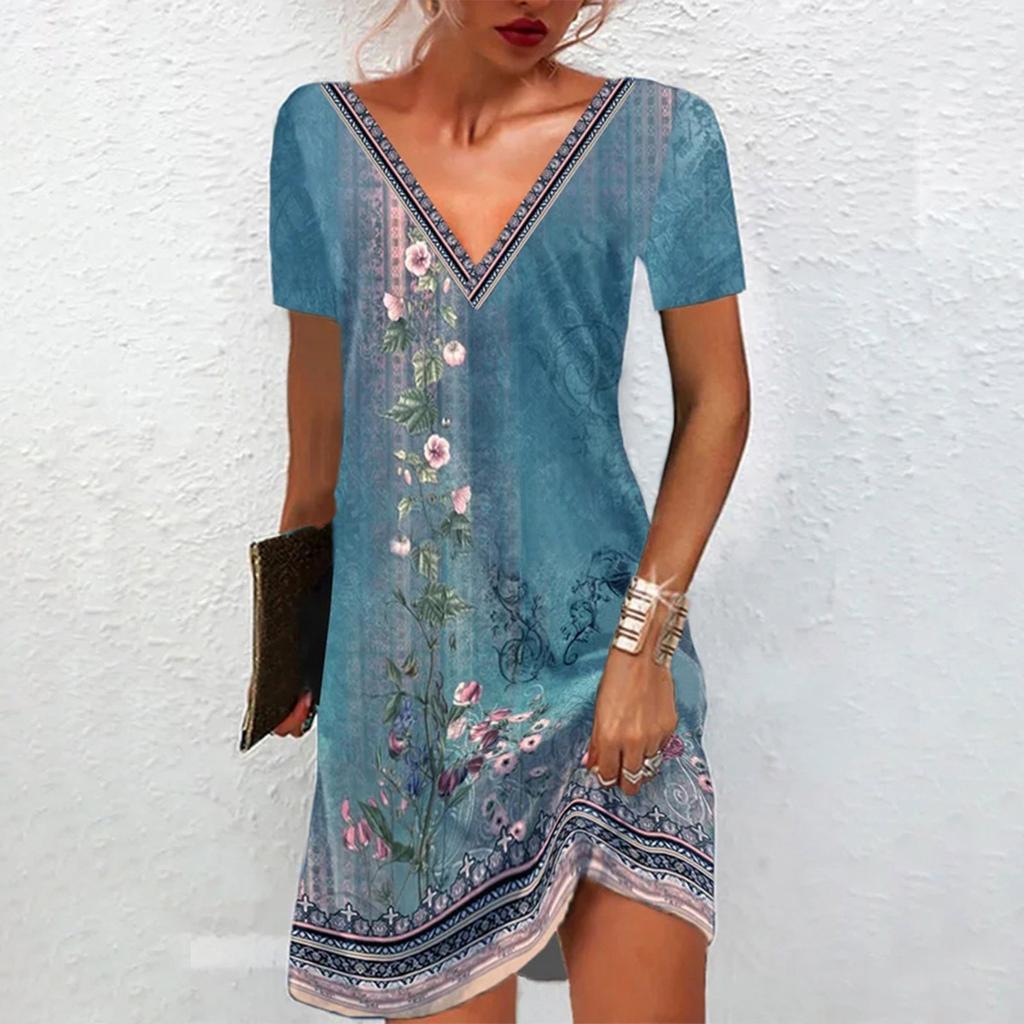 Женское платье с V-образным вырезом и пуговицами, женское лоскутное платье с цветочным принтом, длинное платье с короткими рукавами
