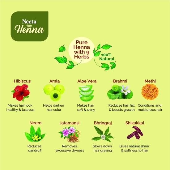 Порошок хны Neeta Pure для волос с 9 натуральными травами 25г (Пакет из 10), 100% Натуральная Хна Мехенди для Мягких и Блестящих Волос с Естественным Видом
