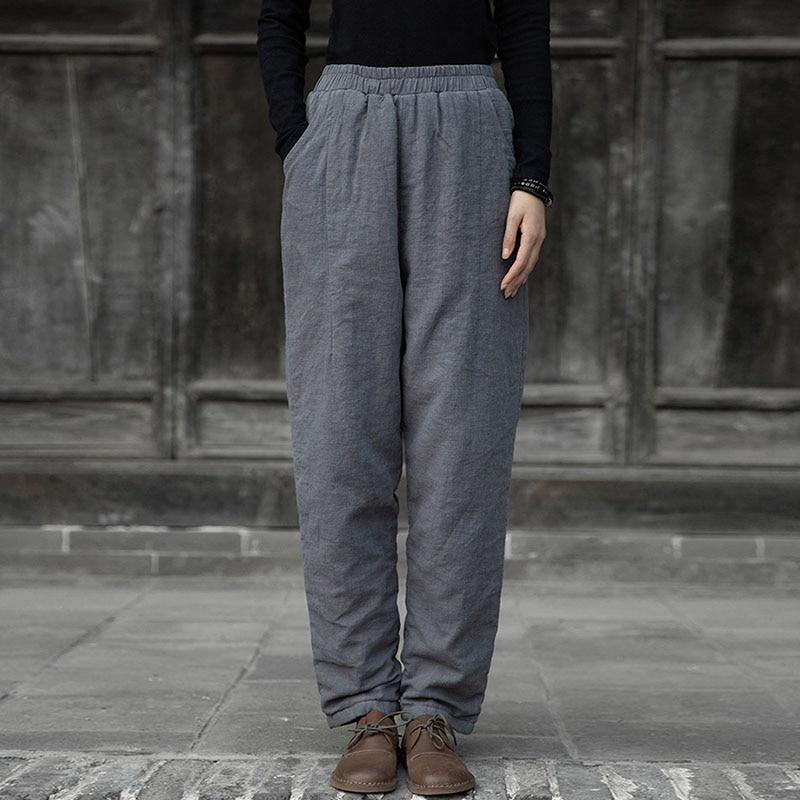 Johnature Женские повседневные брюки из хлопка и льна, однотонные стеганые брюки с эластичной резинкой на талии, зимние винтажные толстые брюки