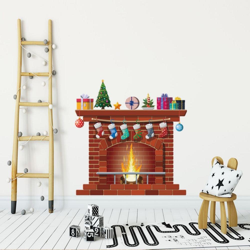 Wall Stickers Christmas Fireplace Living Room Bedroom Window Glass