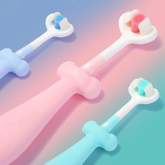 Children Toothbrush with Three-Head Design Cartoon Shape Bright Color Soft Bristles Kids Toothbrush Oral