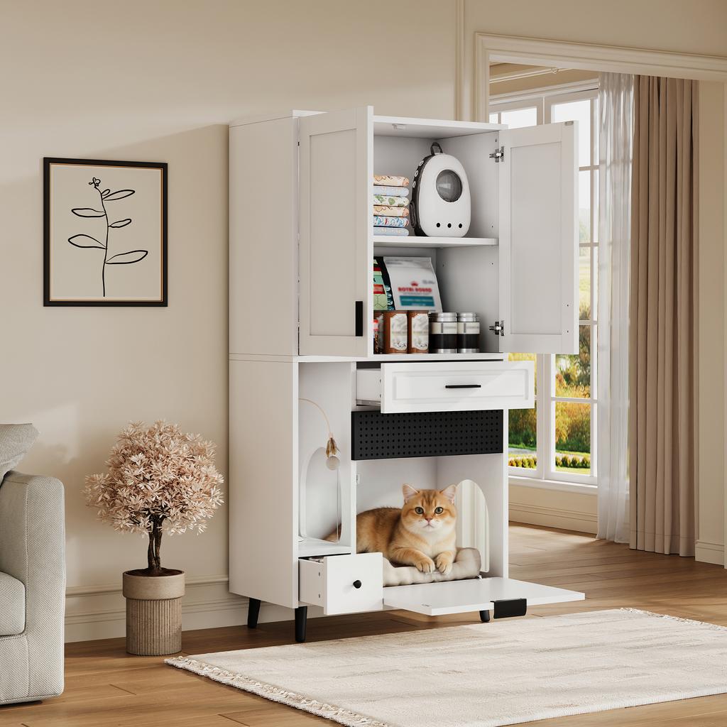 Multifunctional Cat Storage Cabinet – Sturdy Construction with Divided Storage, Movable Shelves, Drawers and Cat Bed Area, Cozy Activity Spot for Cats